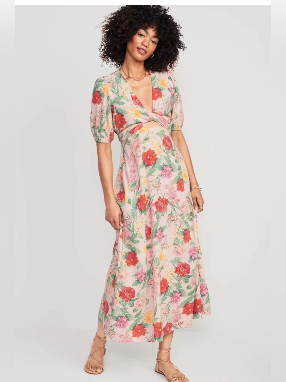 Old Navy Floral Wrap Dress in Pink with Red & Yellow Blooms- size small